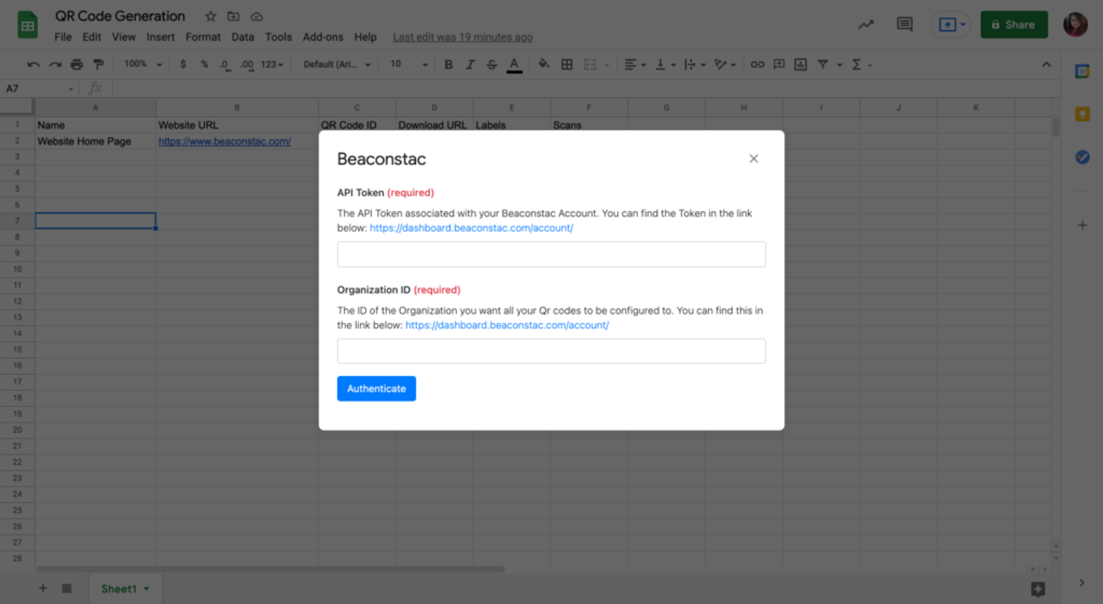 Enter the API Token and Organization ID