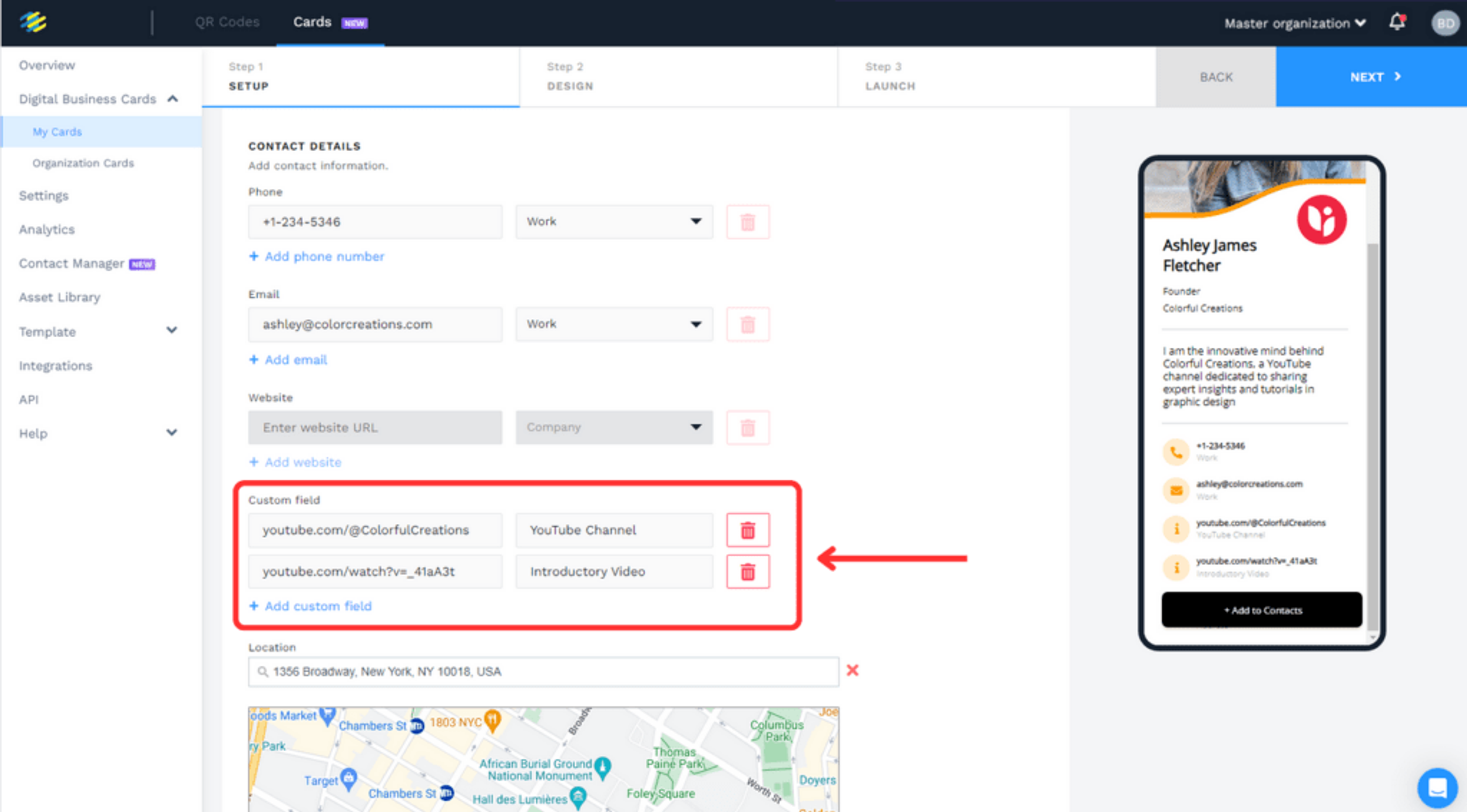 Add your contact details, YouTube video/channel URL, and social links