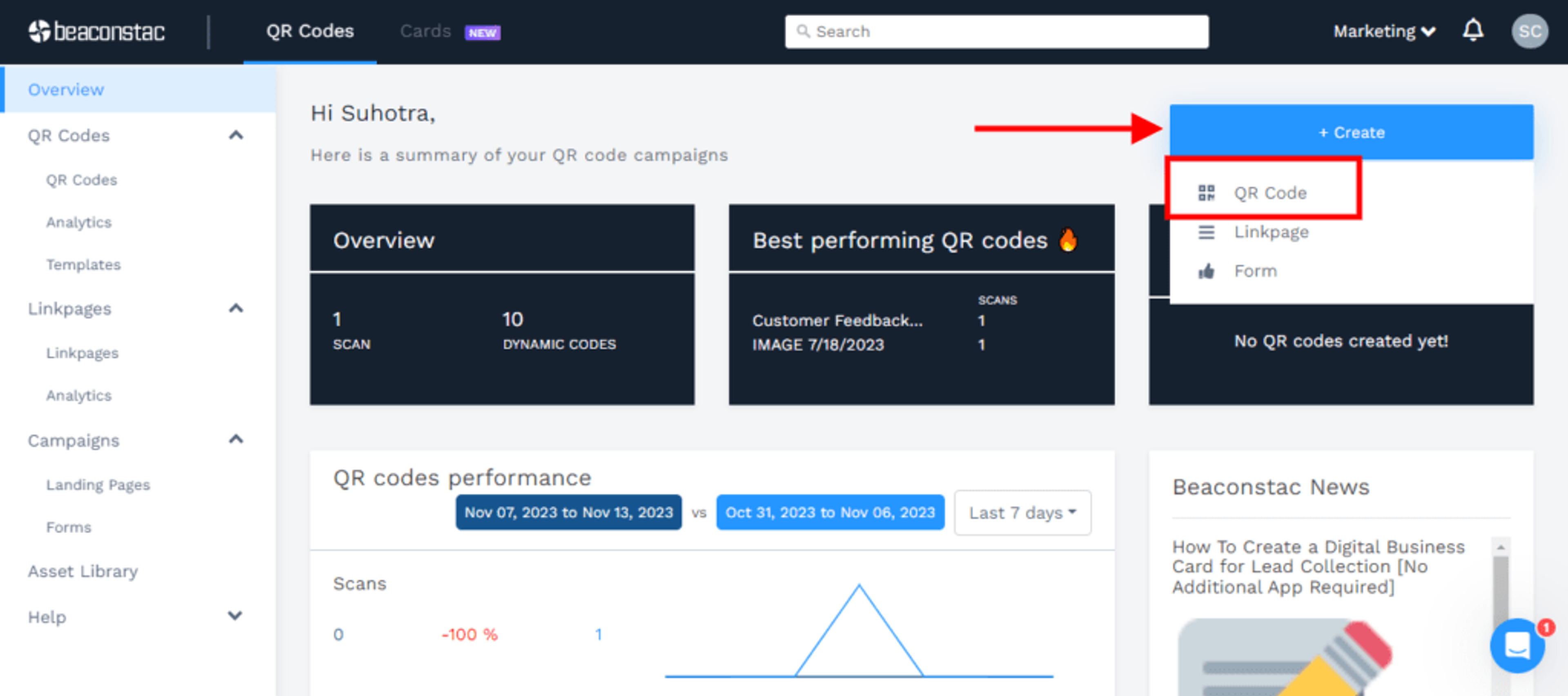 Create +Create and choose QR Code