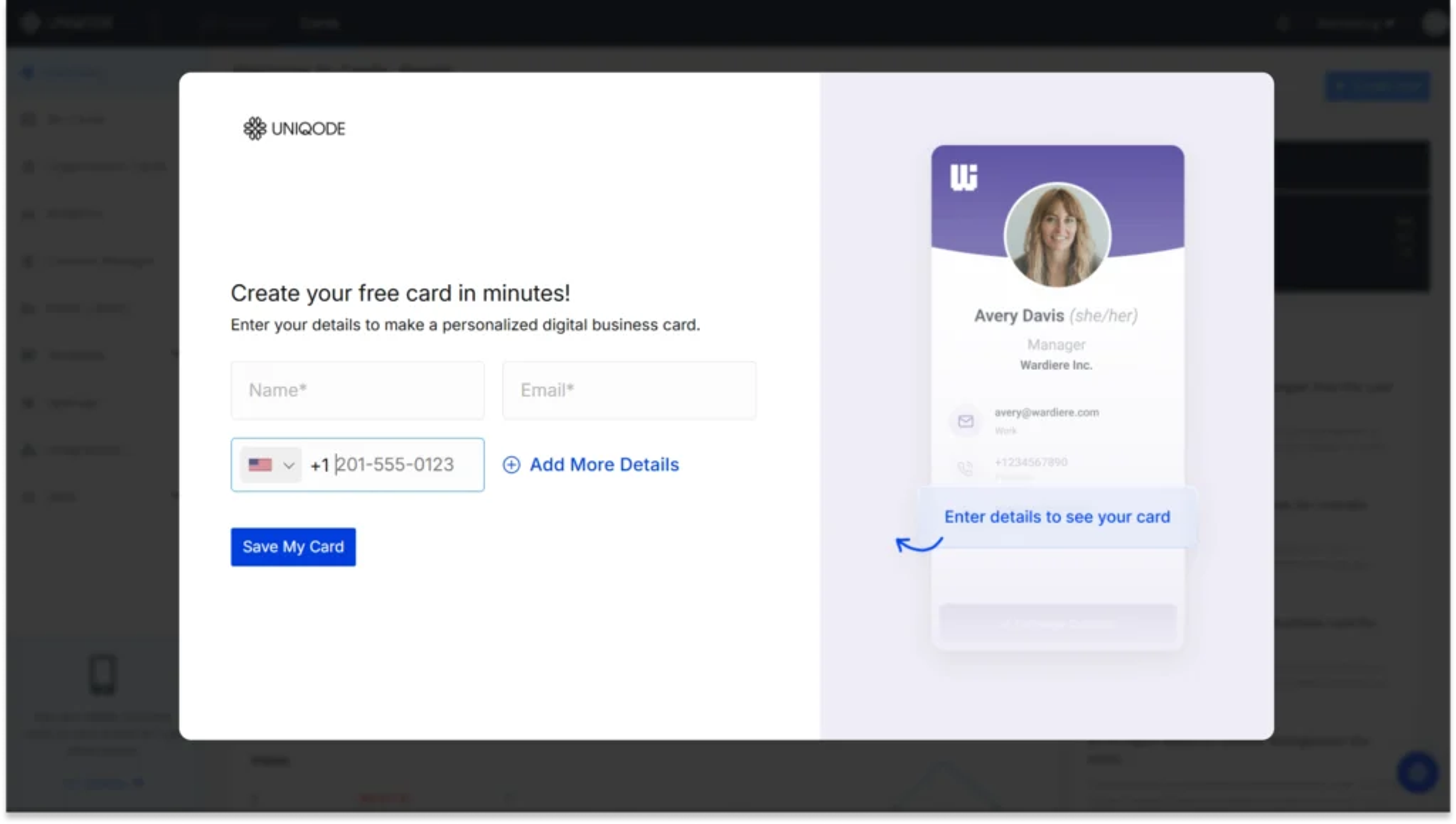 Visual showing first step to create a free card with Uniqode. 