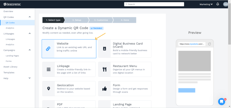 Under "Dynamic QR Codes", Choose "Website" as the campaign