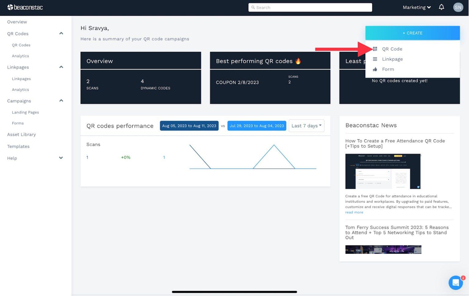 Open the dashboard and click "+create" and "QR Codes"