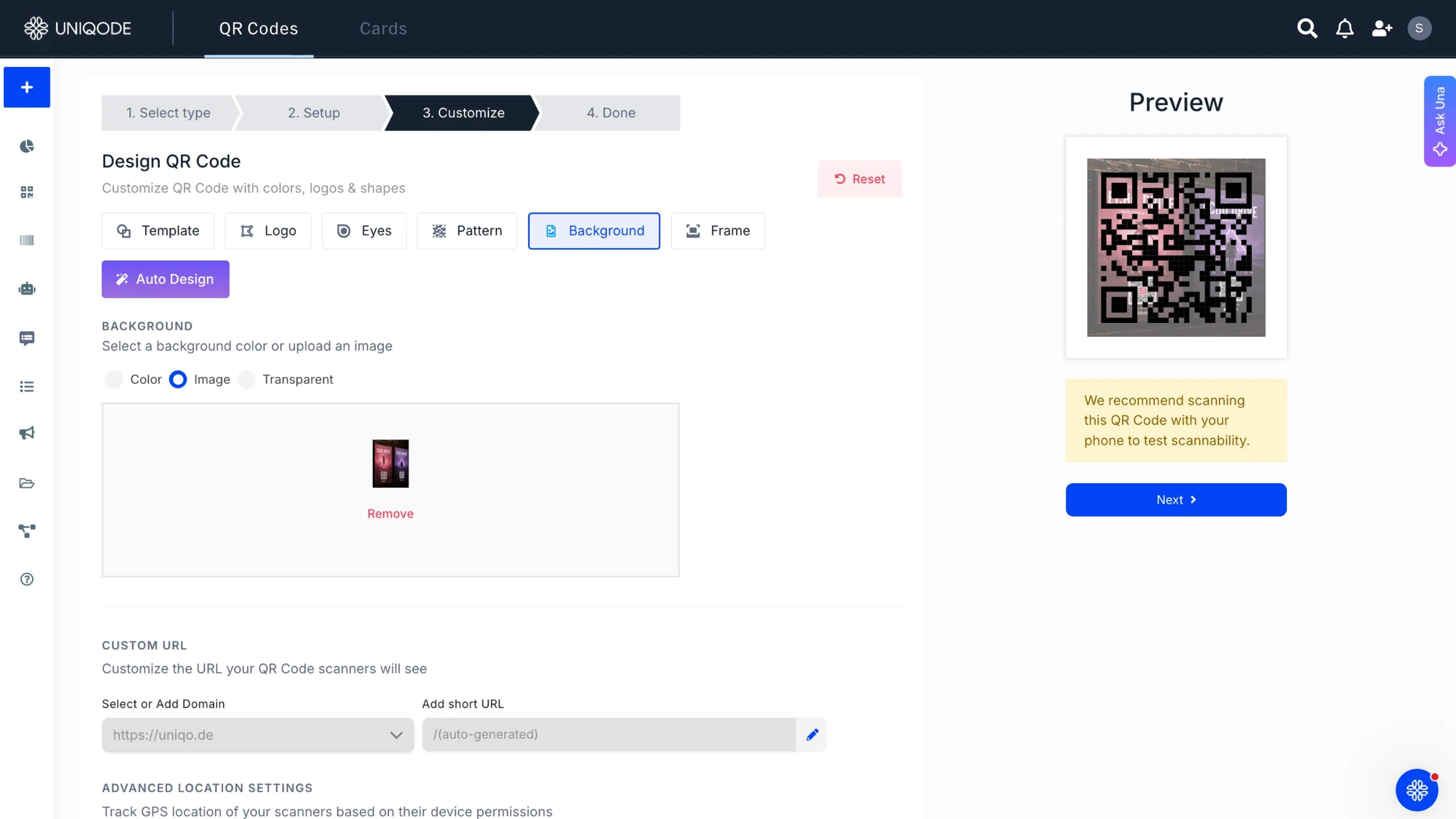 Extensively customize QR Code background on Uniqode