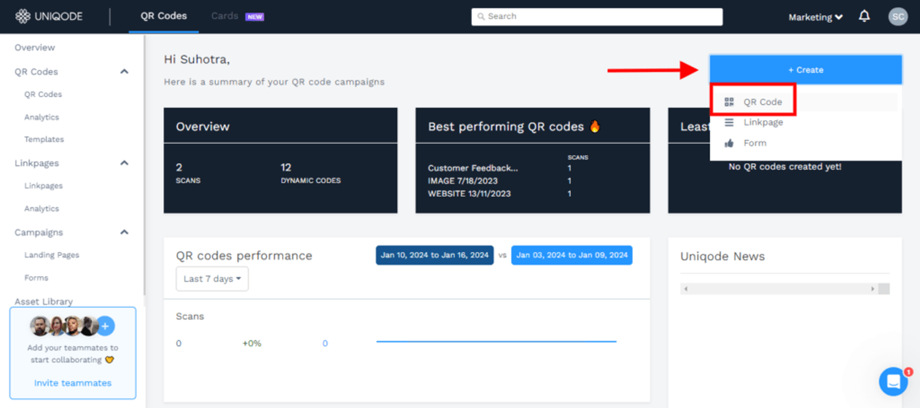 Click Create and Choose QR Code