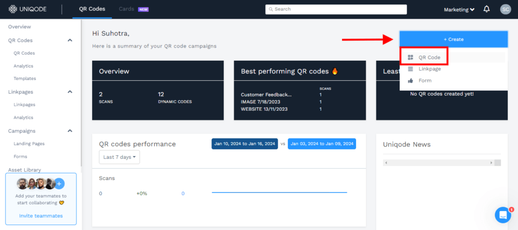 Click Create and Choose QR Code