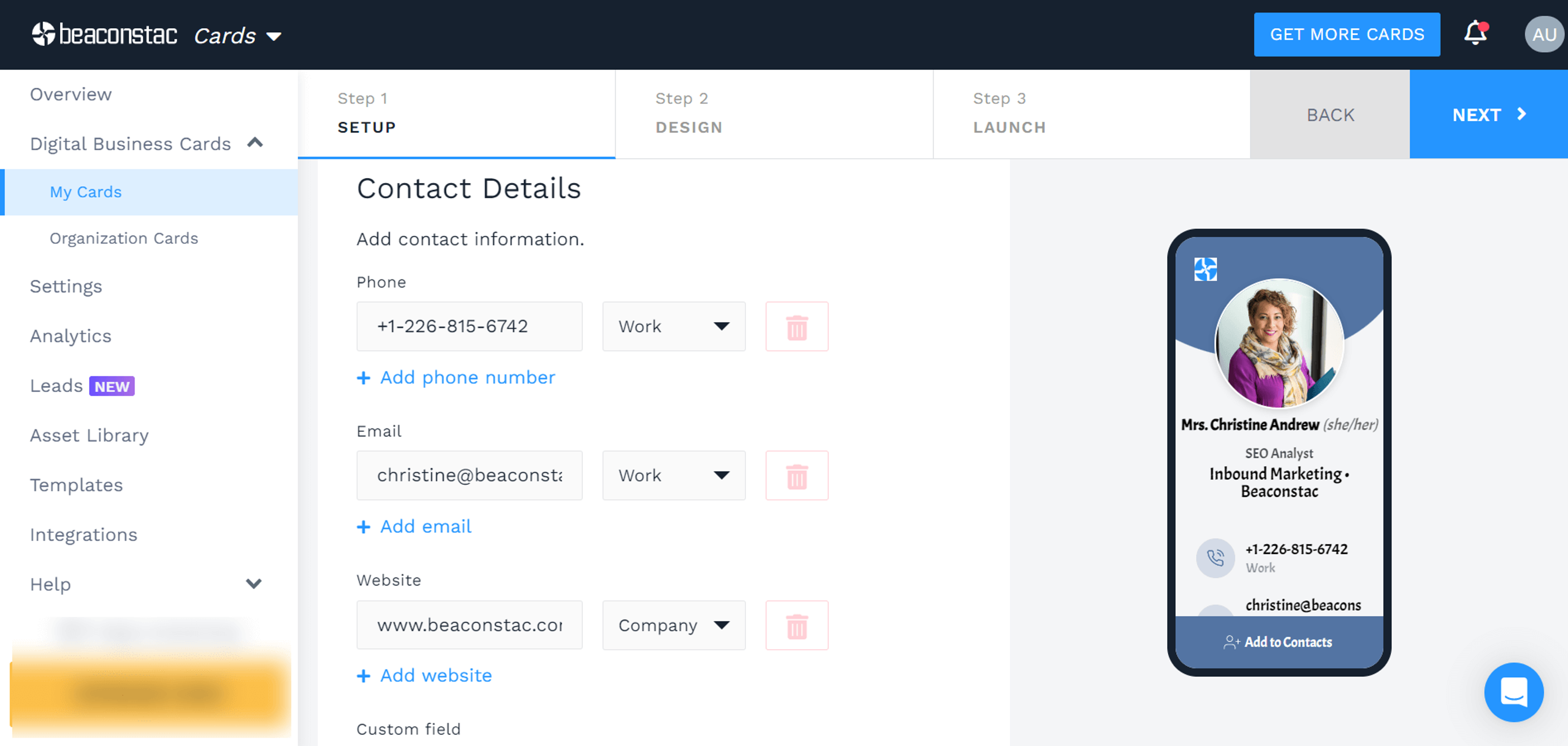 Update of contact details of your digital business card