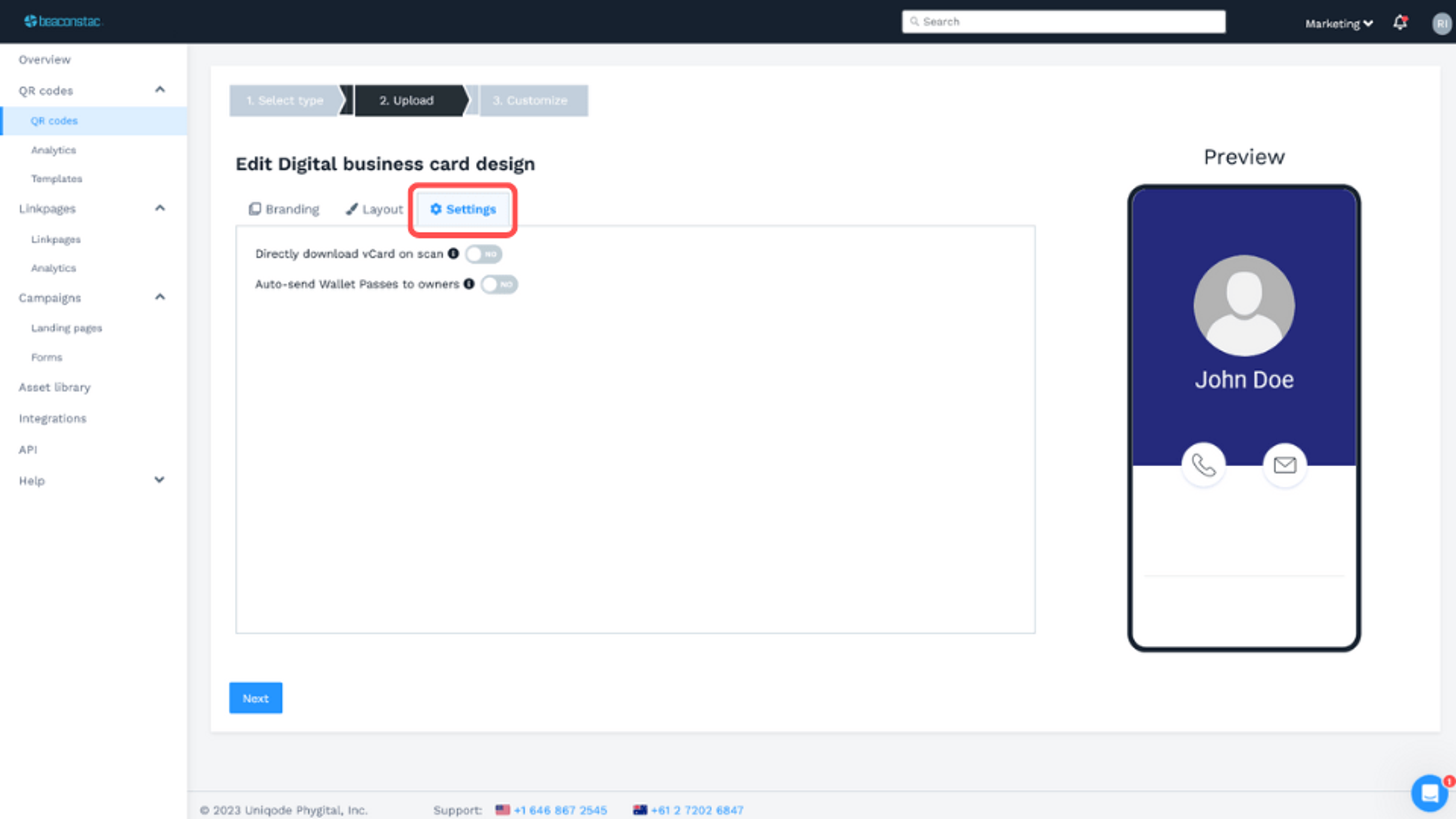 settings will apply to every virtual business card in the batch