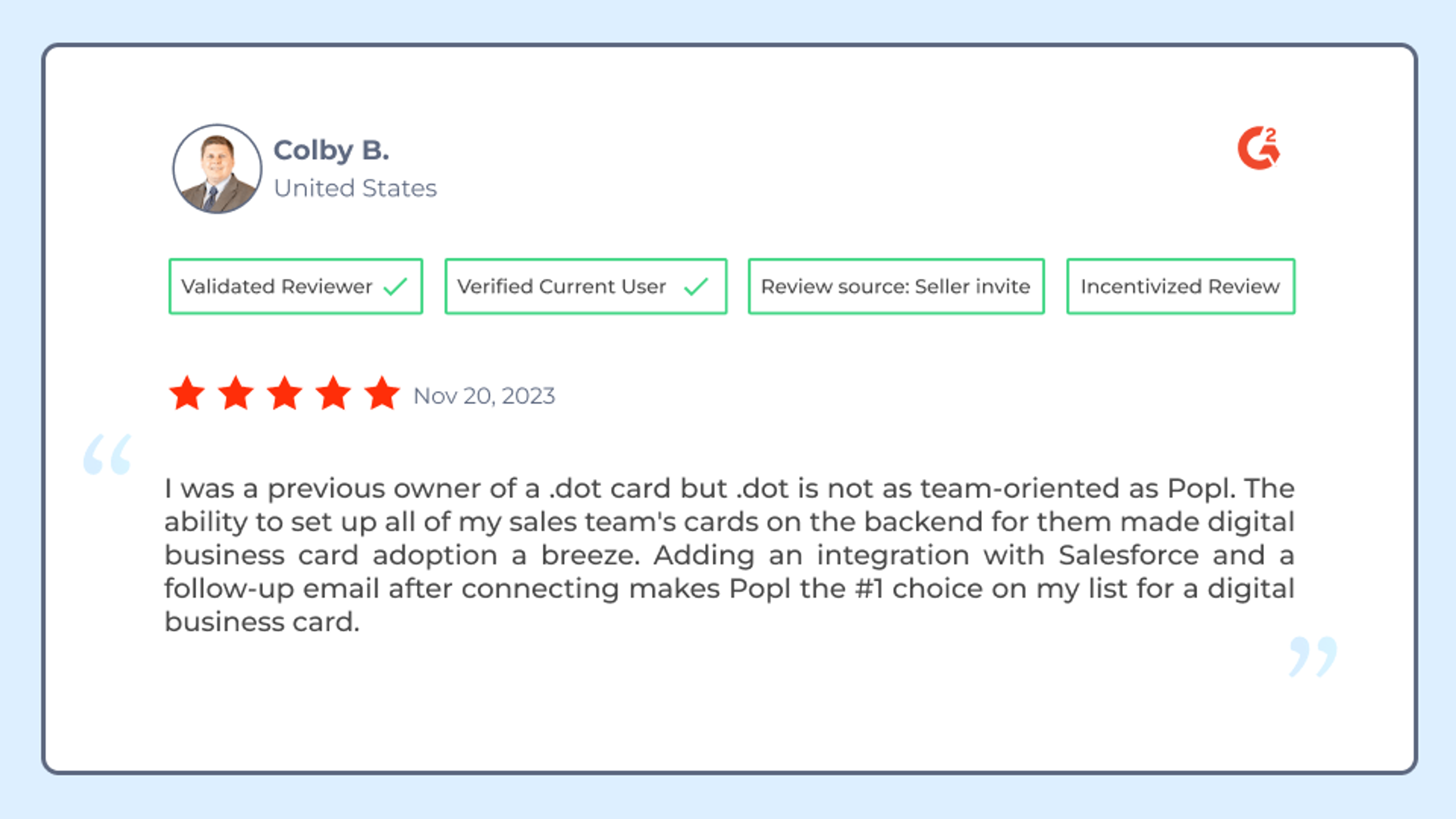 A user reviews Popl and Dot digital business cards
