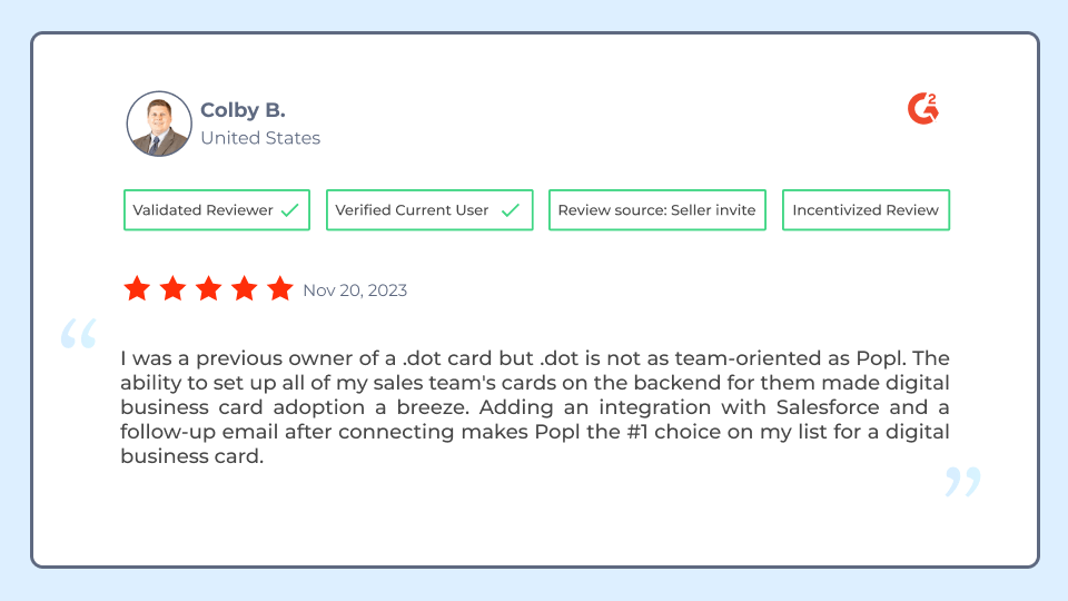 A user reviews Popl and Dot digital business cards