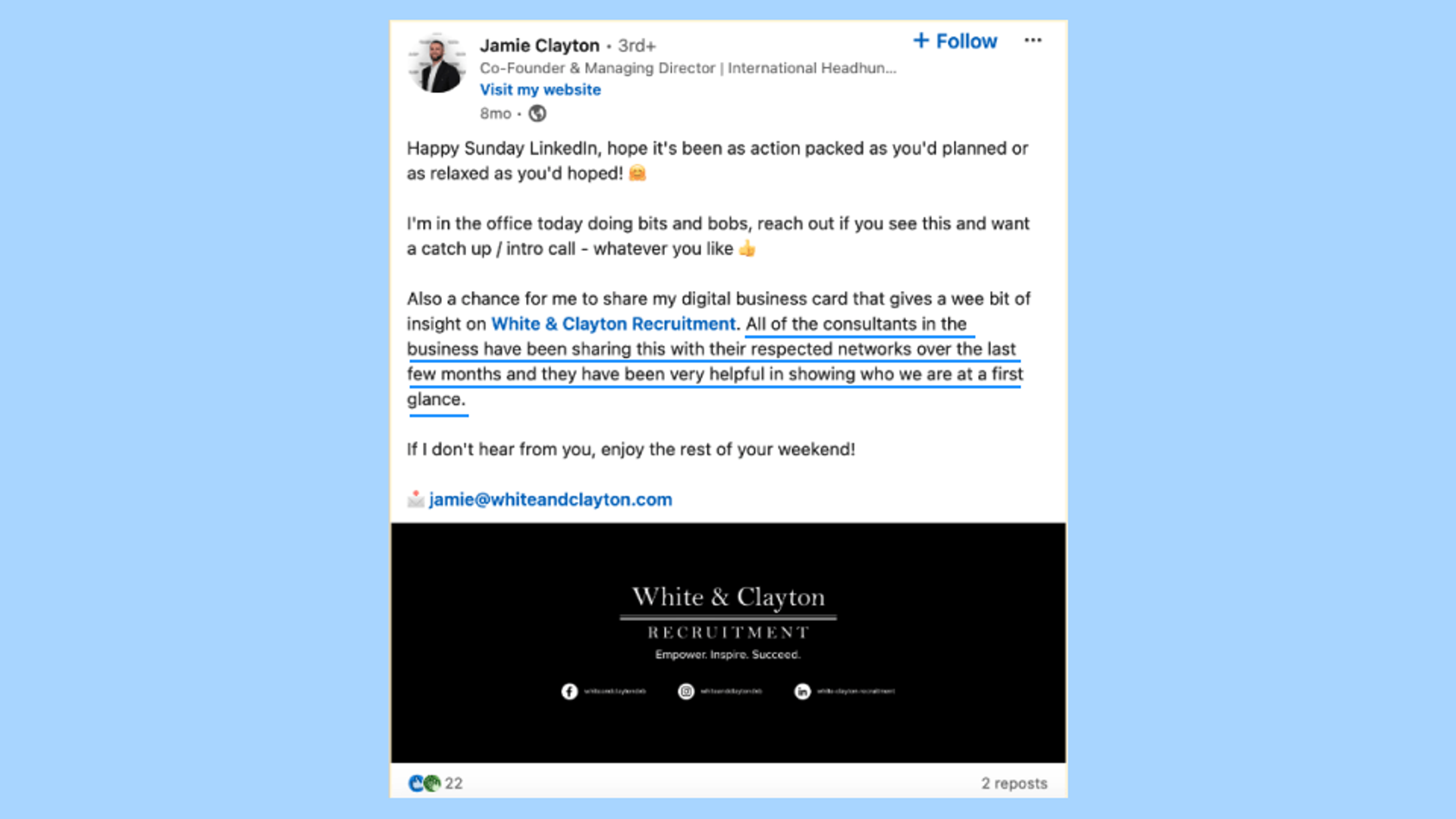 Digital business cards for recruitment can be shared across digital channels like LinkedIn