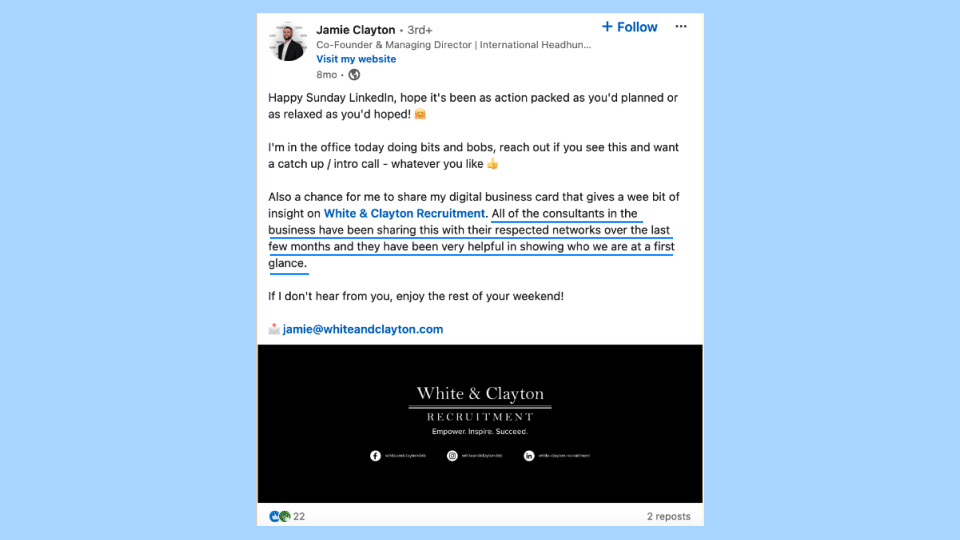 Digital business cards for recruitment can be shared across digital channels like LinkedIn