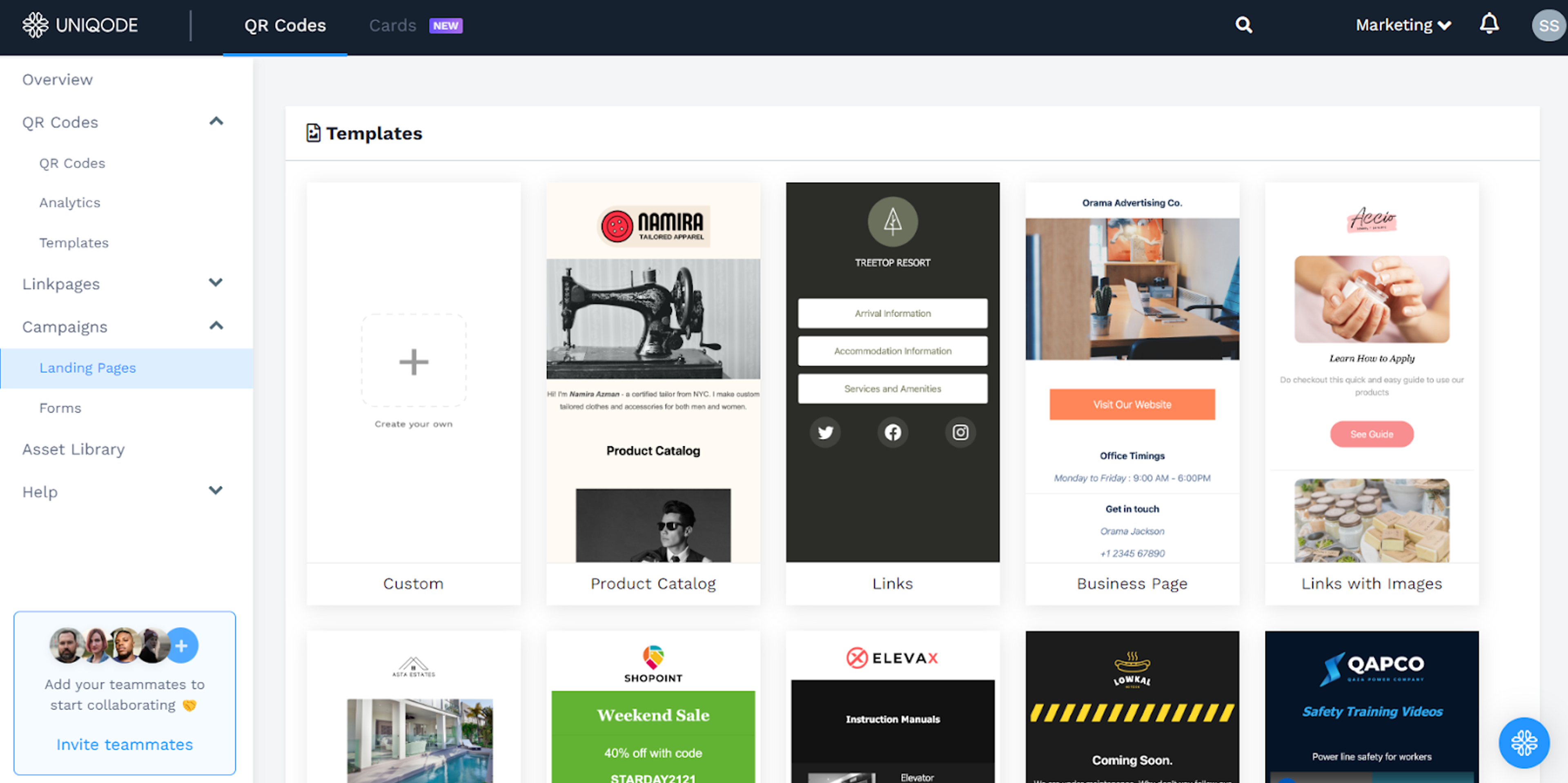 Landing page option in uniqode qr code generator dashbaord