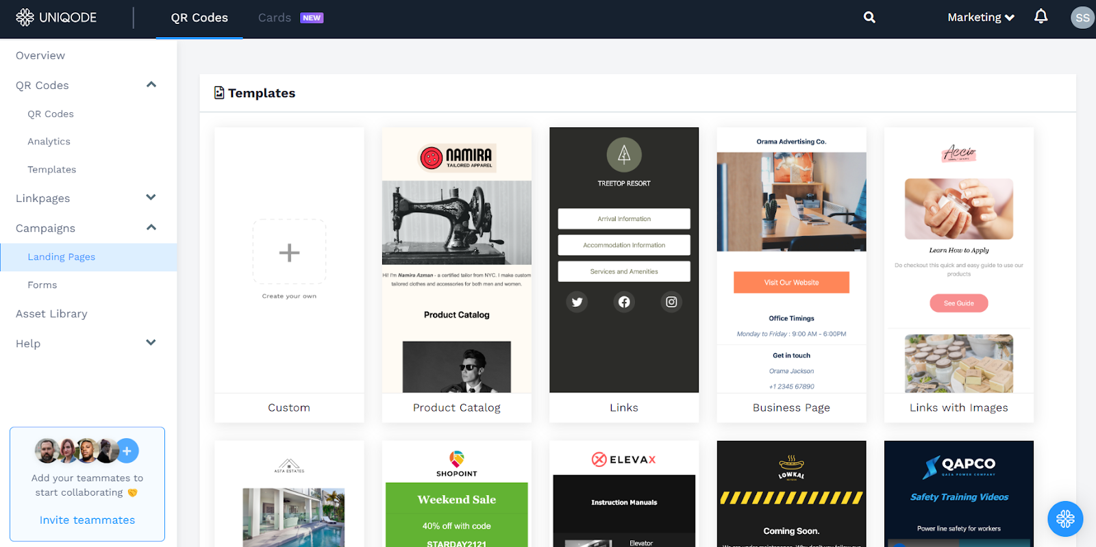 Landing page option in uniqode qr code generator dashbaord