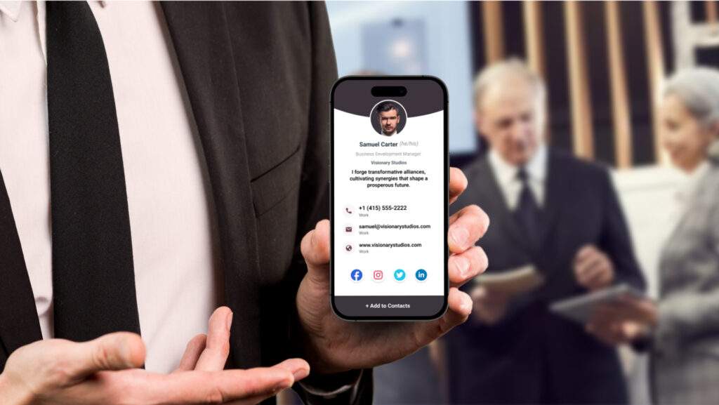 A professional using a digital business card to network in a modern, efficient, and professional manner