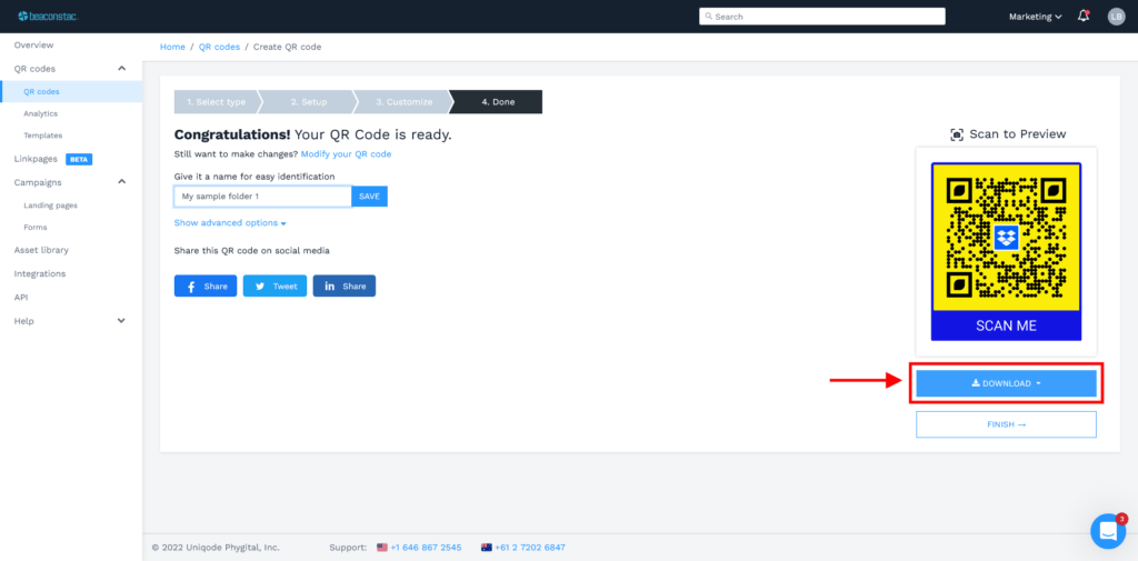 Step 6: Label your Dropbox QR Code, save and download