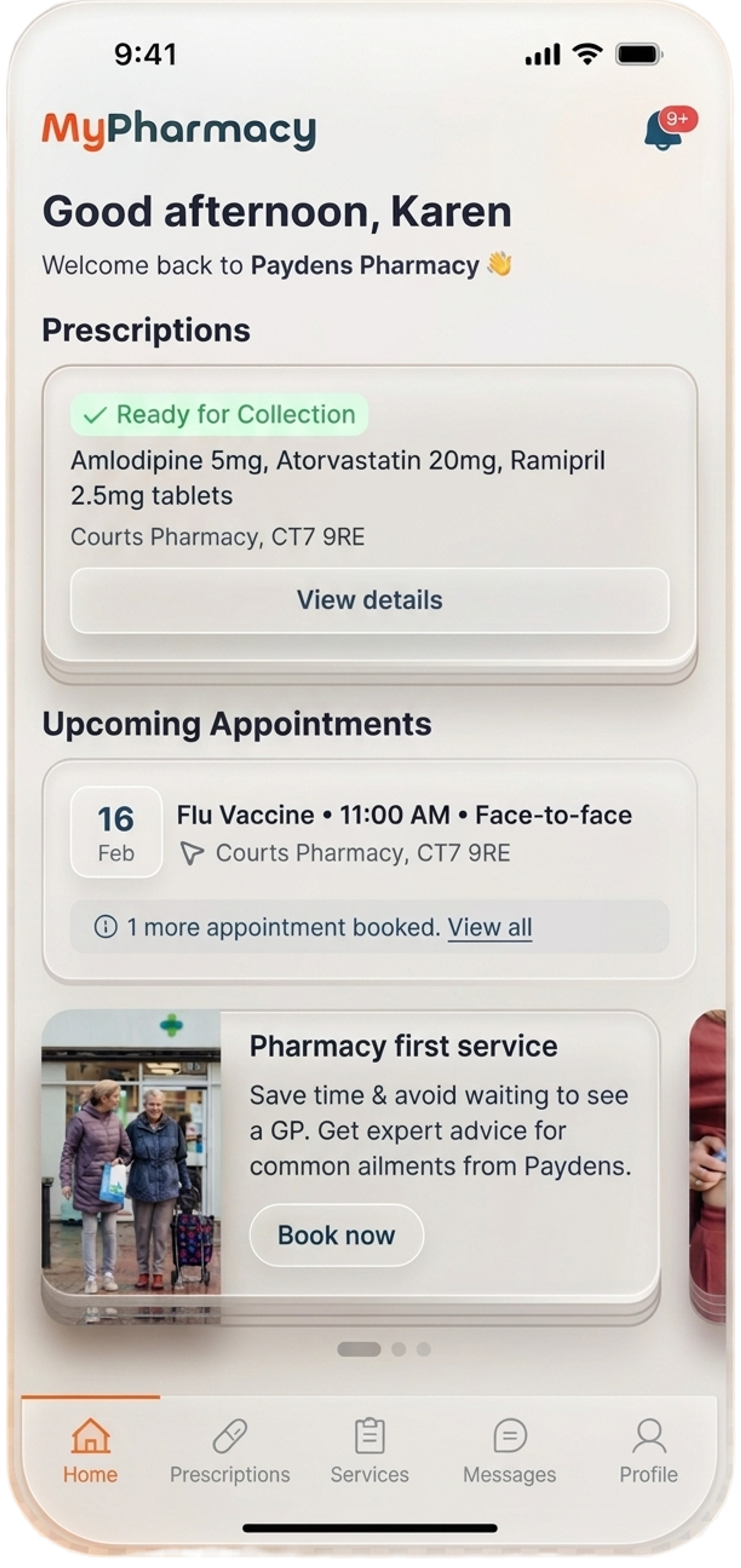The My Pharmacy app home screen, showing a prescription ready for collection and an upcoming appointment