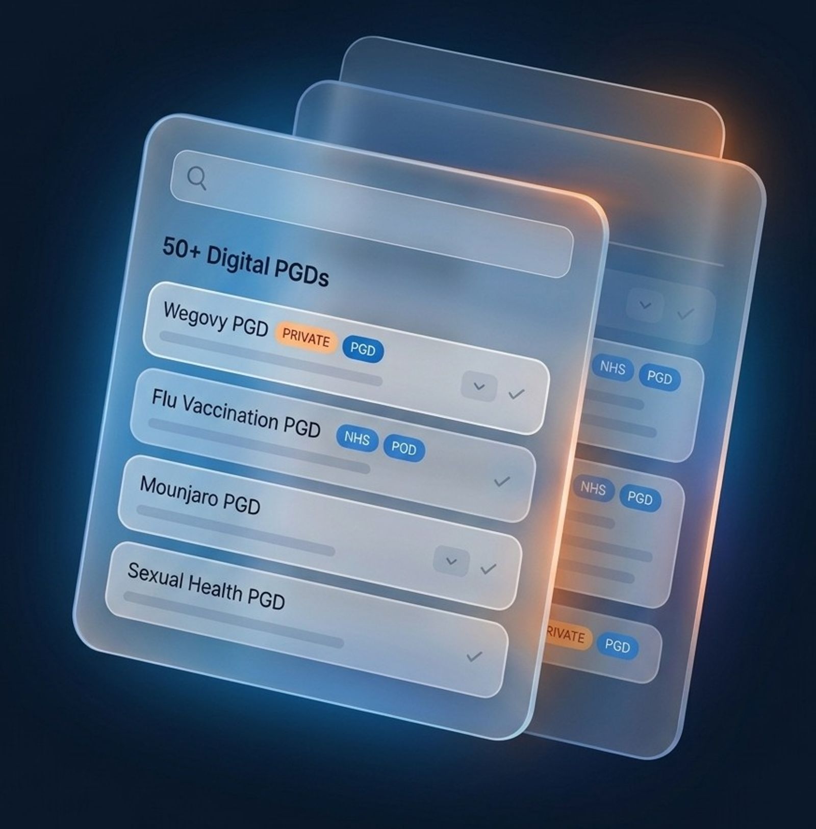 A searchable list of Digital PGDs in ConX — Wegovy, flu vaccination, Mounjaro and sexual health — each tagged NHS or private, shown as a stack of glass panels