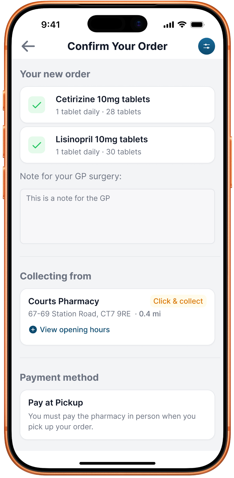 The My Pharmacy app confirming a repeat prescription order