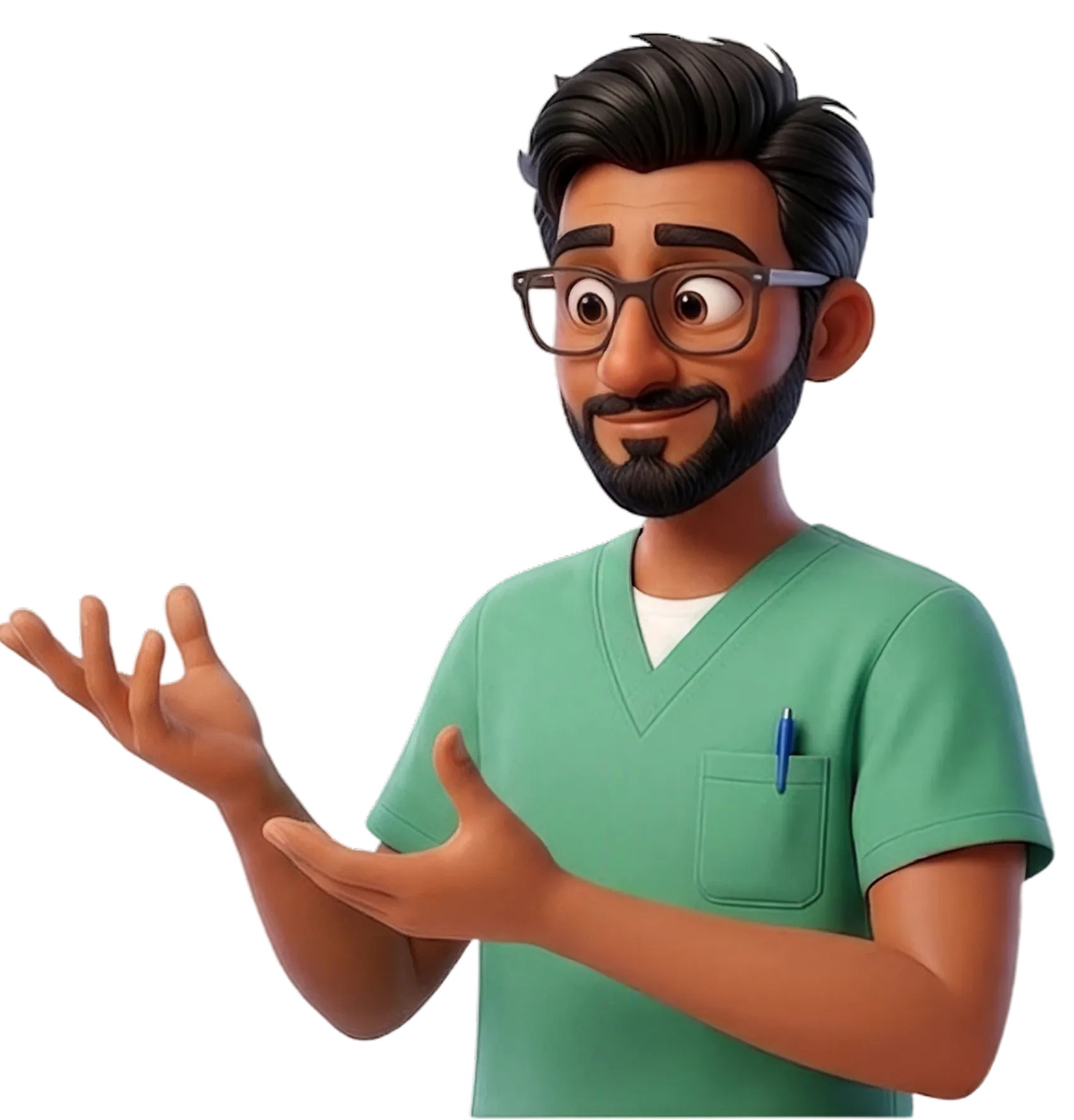 An illustrated pharmacist in green scrubs, gesturing as they make a point