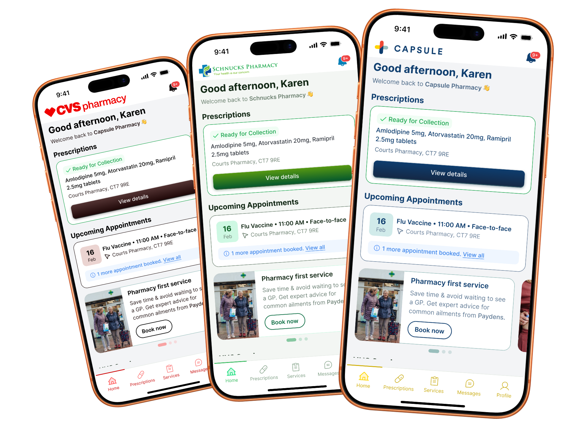 The same My Pharmacy app published under three different pharmacy brands, each with its own logo, colours and navigation