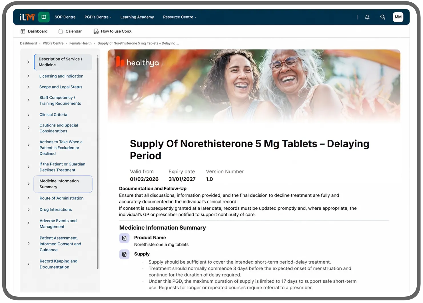 A Digital PGD open in the ILM platform: the supply guidance for norethisterone tablets, with its clinical sections listed down the side