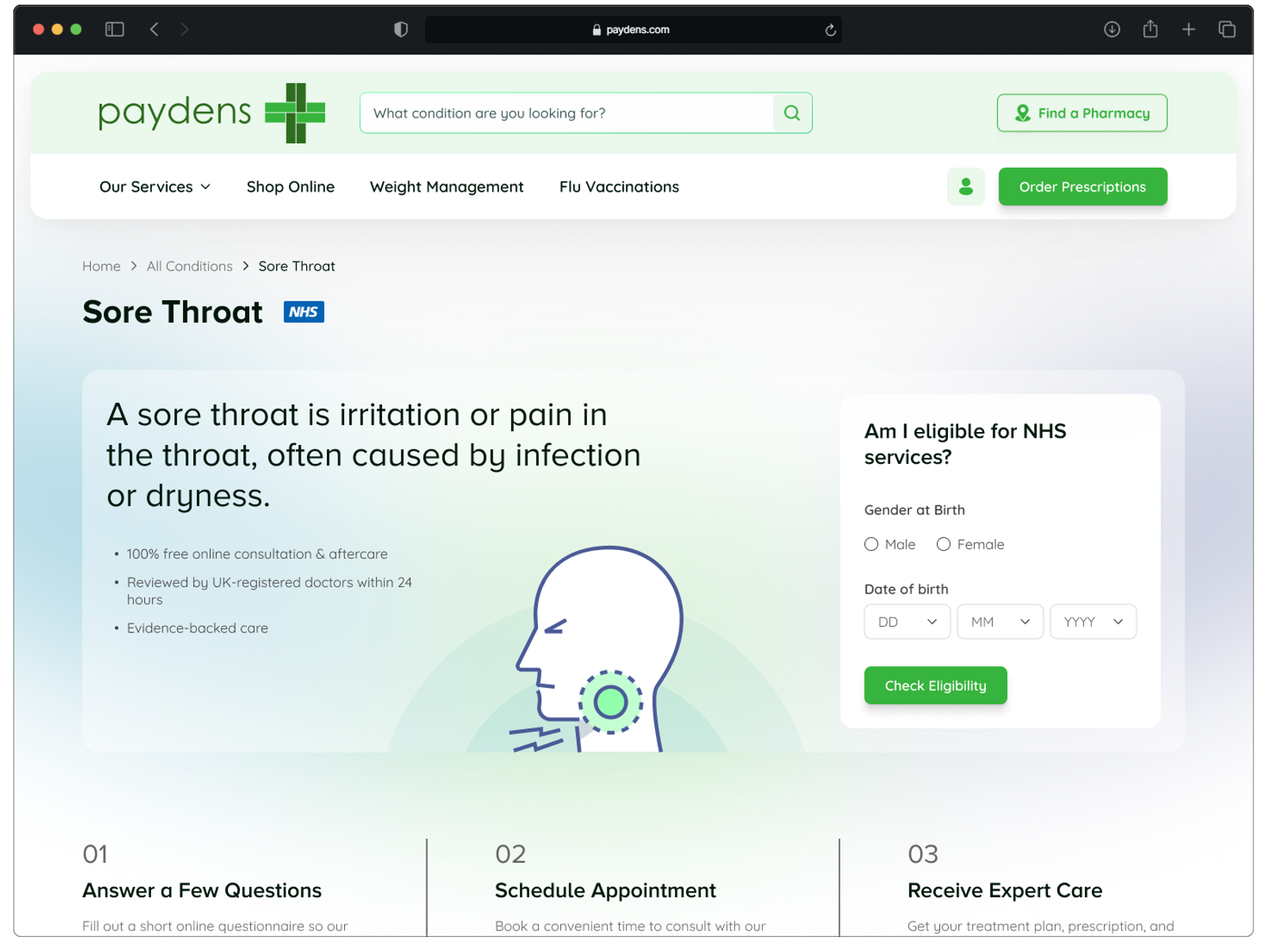 A WebX pharmacy website presenting NHS services to patients