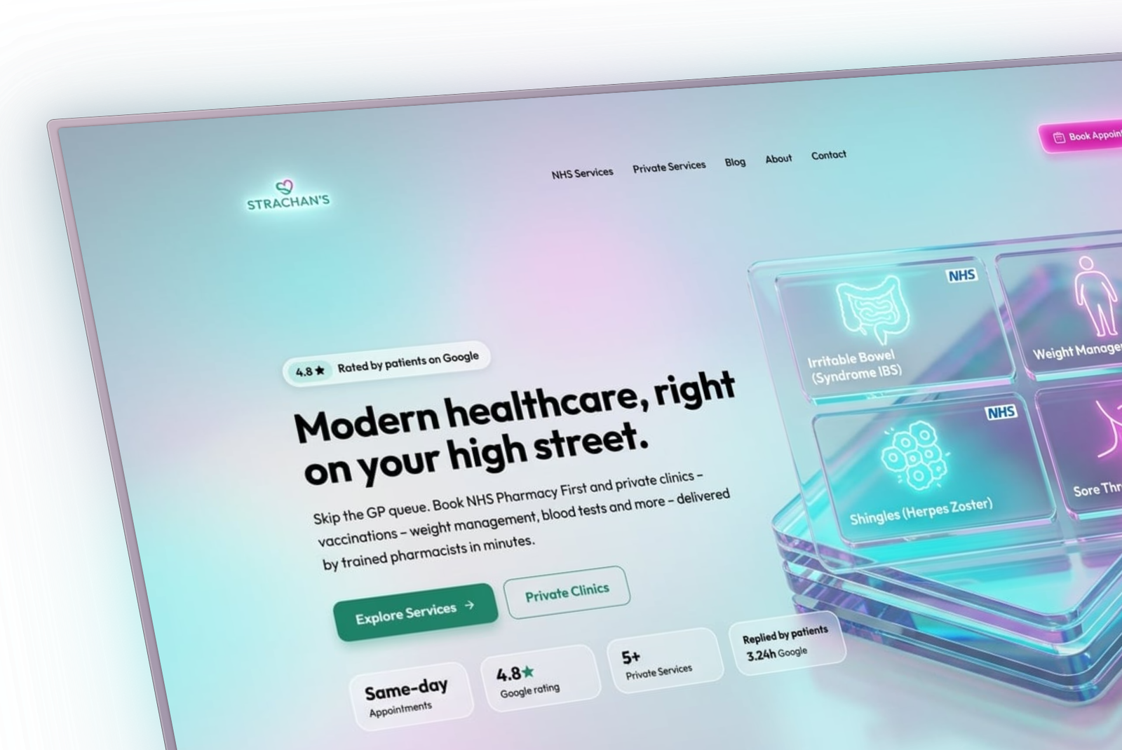 A branded pharmacy website built on WebX, shown at an angle: a high-street pharmacy homepage with NHS and private service tiles and online booking