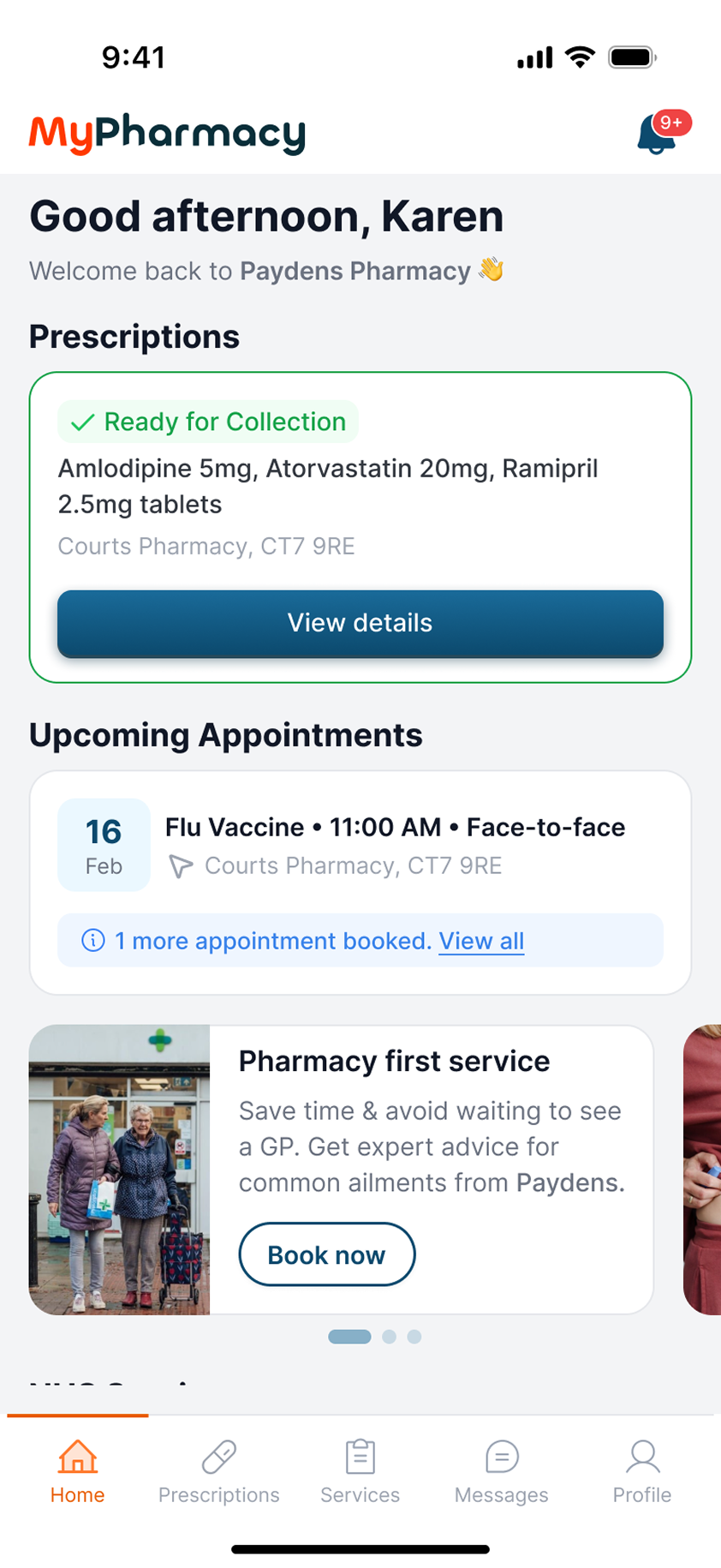 The My Pharmacy home screen, showing prescriptions and appointments