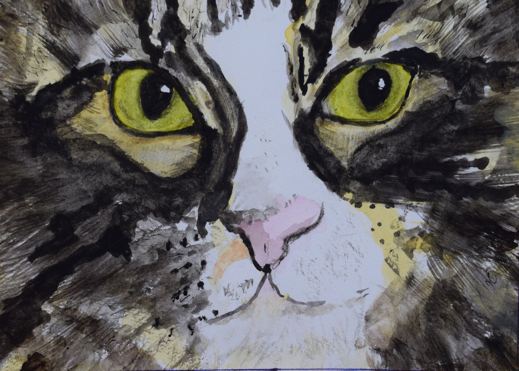Watercolor painting of a long-haired cat