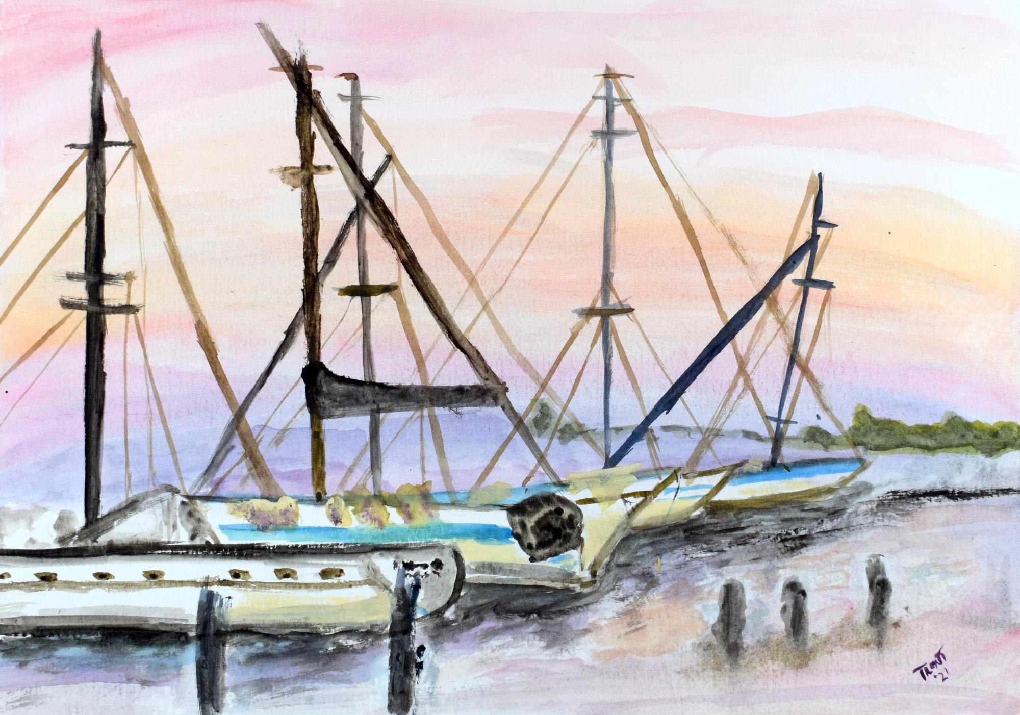 Watercolor painting of Sailboats.