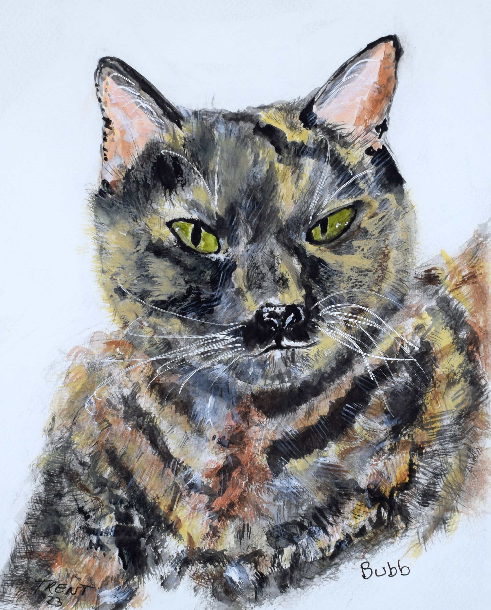 Watercolor and ink portrait of a Tortoise shell cat.