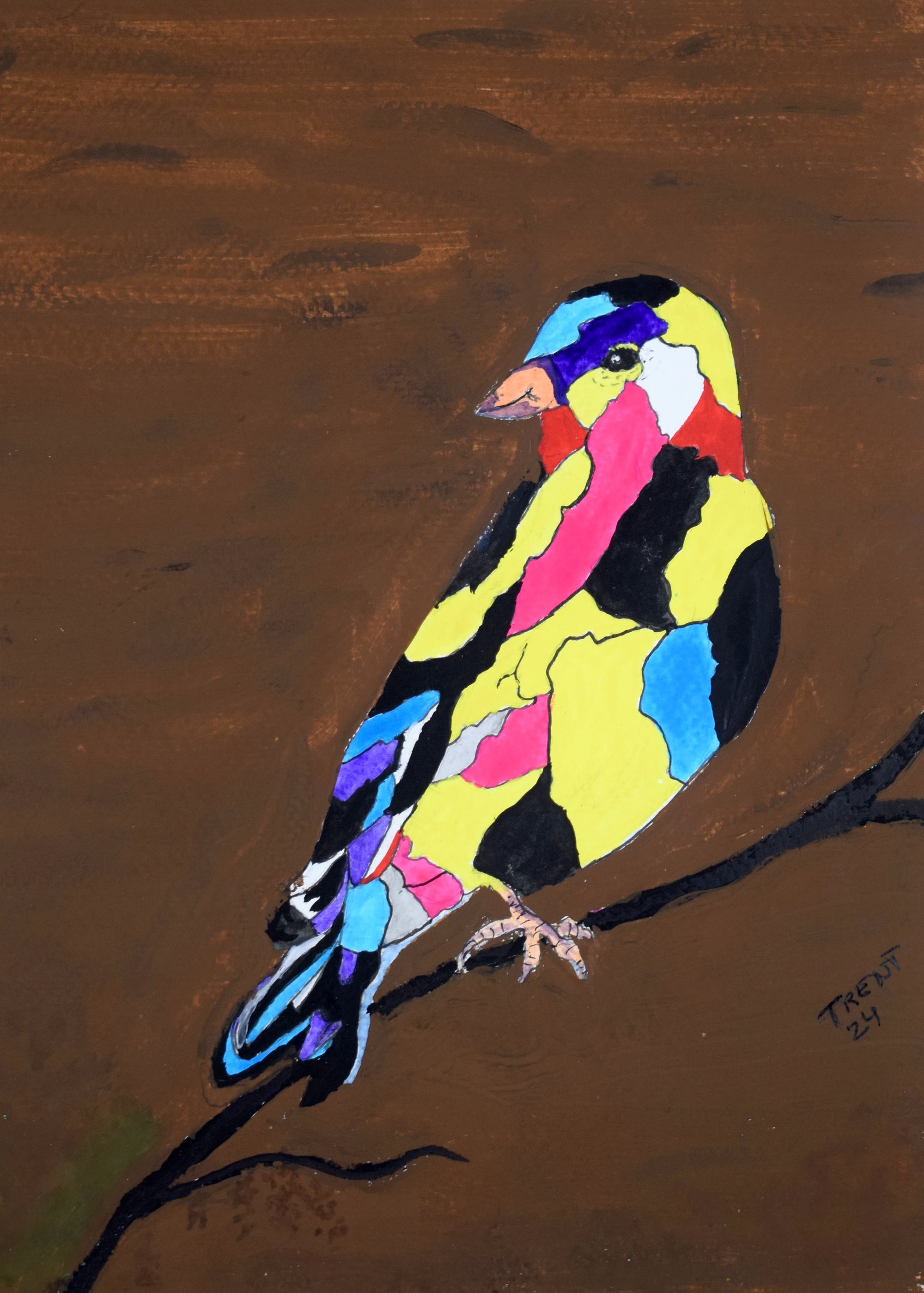 Watercolor painting of a multi-colored bird.