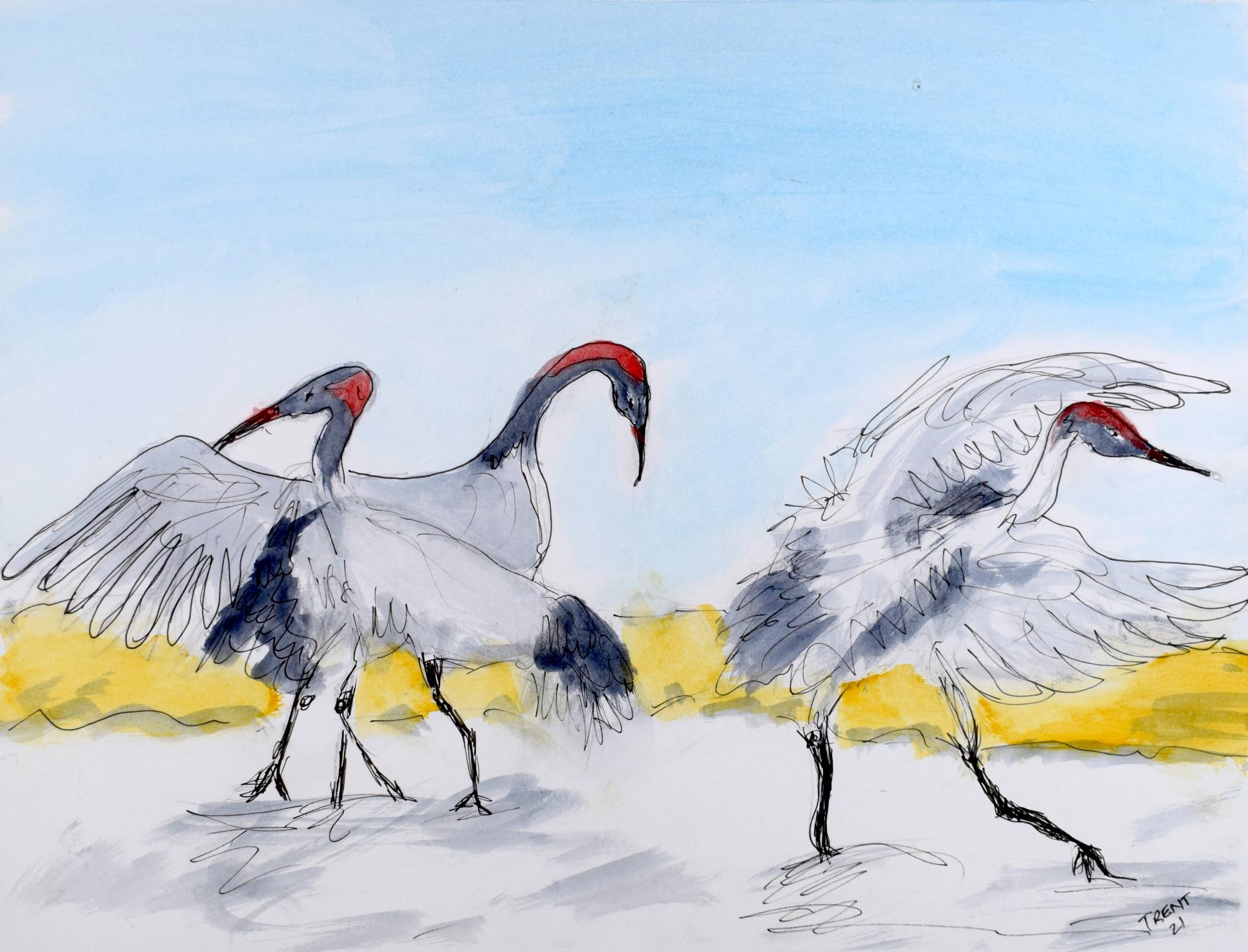 Watercolor painting of Sandhill Cranes performing an autumn dance.