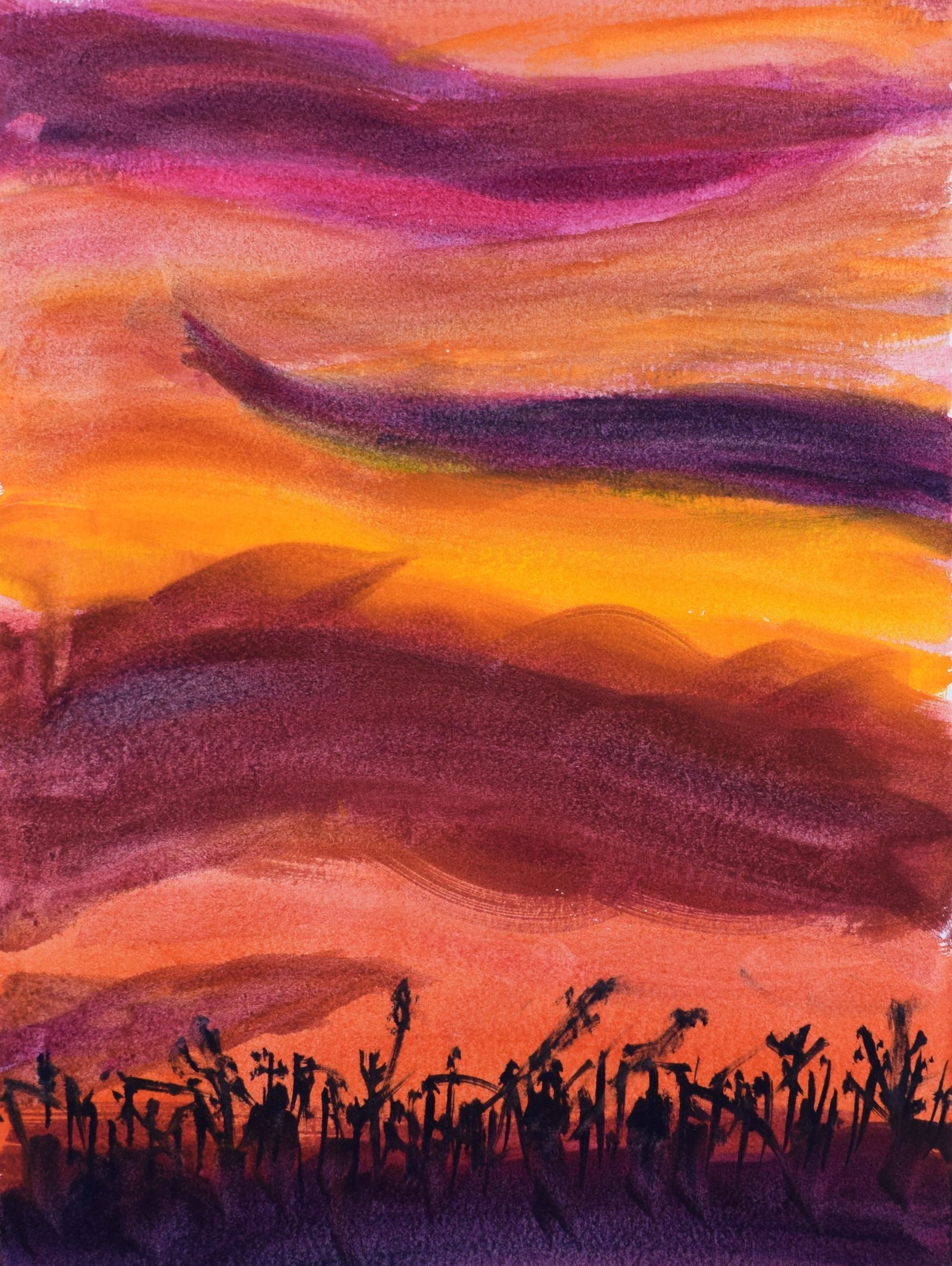 Watercolor painting of a sunset over a corn field.