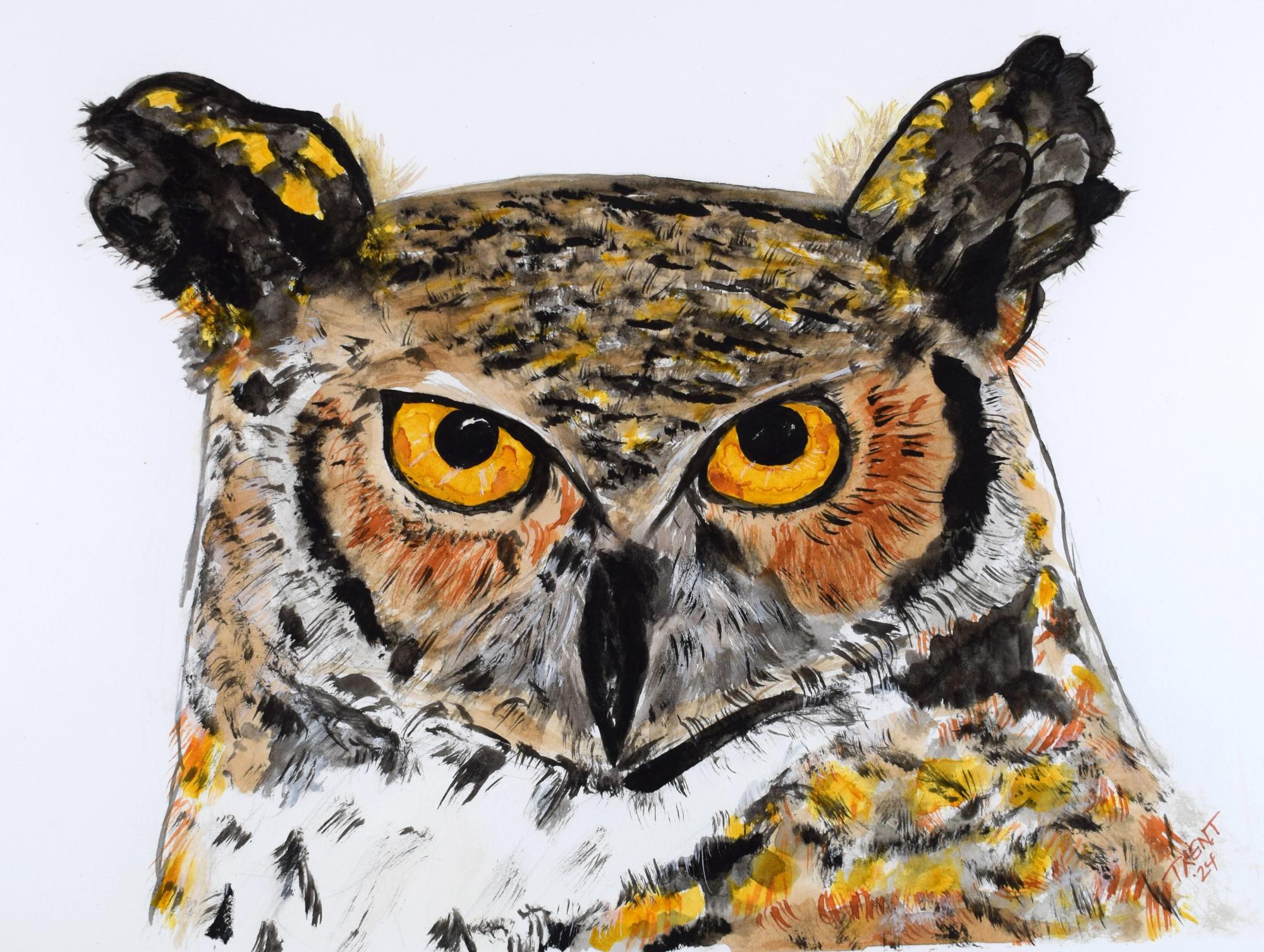 Watercolor painting of a Great Horned Owl.