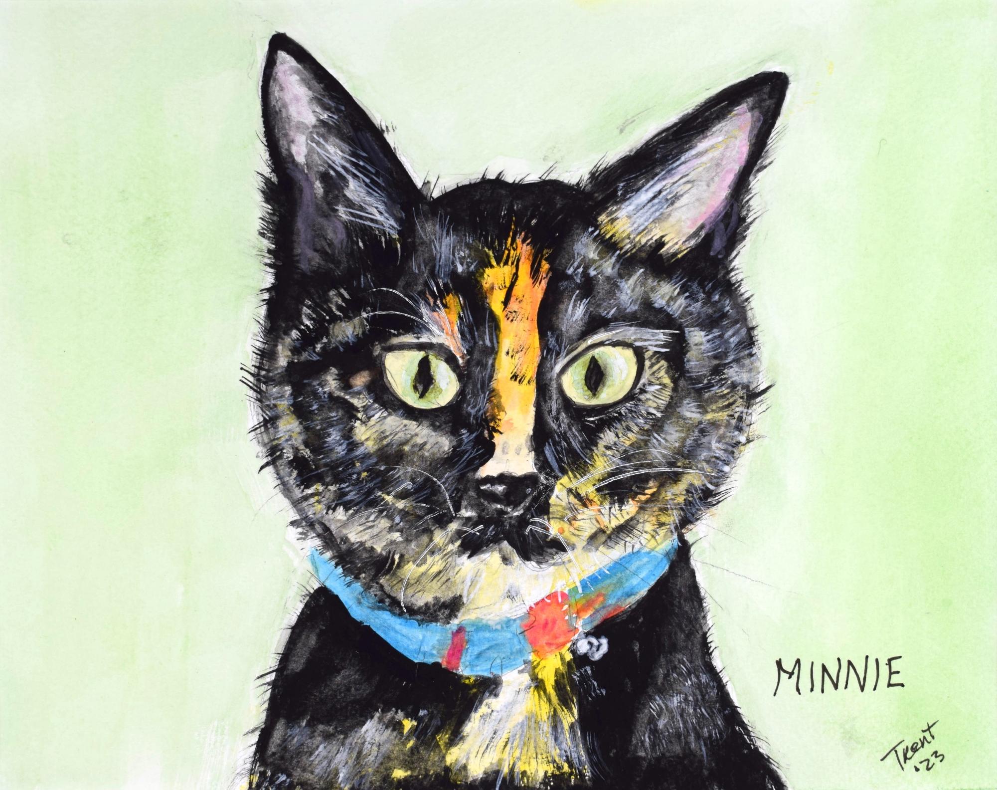 Watercolor painting of a small tortoise shell cat.