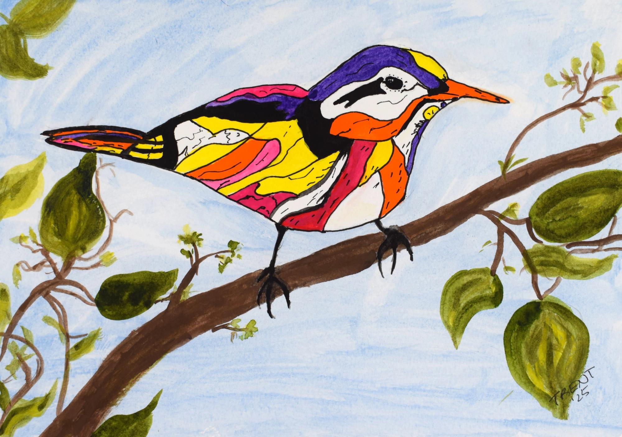 Watercolor and gouache painting of a Woodland bird.