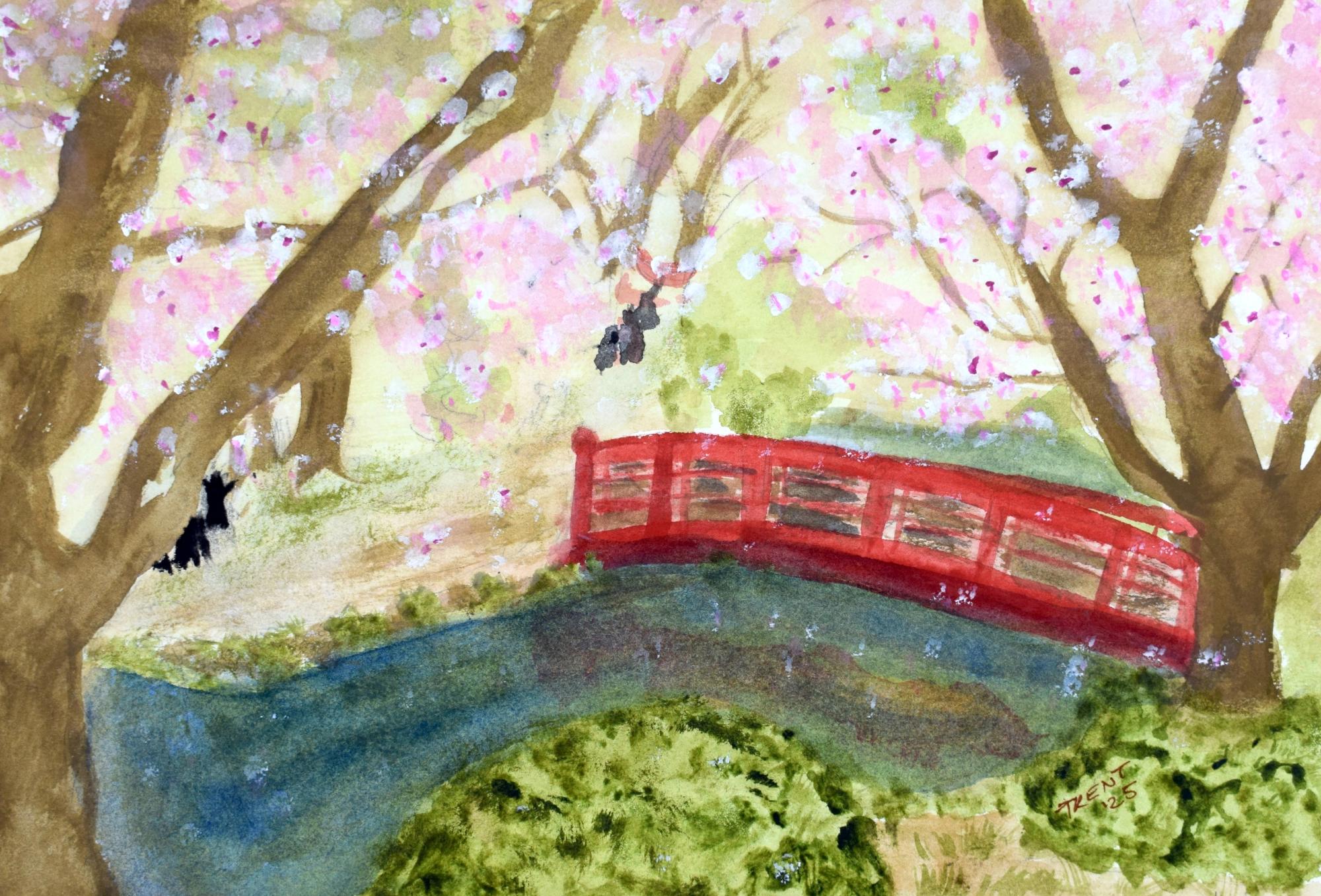 Watercolor painting of Cherry blossoms in a Japanese park.