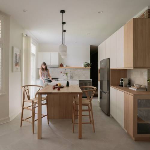 cuisine crème, îlot de bois, comptoir de quartz, tabourets de bois, armoires blanches, armoires bois, dosseret de tuiles carrées, tuiles 24x24 au sol, mur de brique