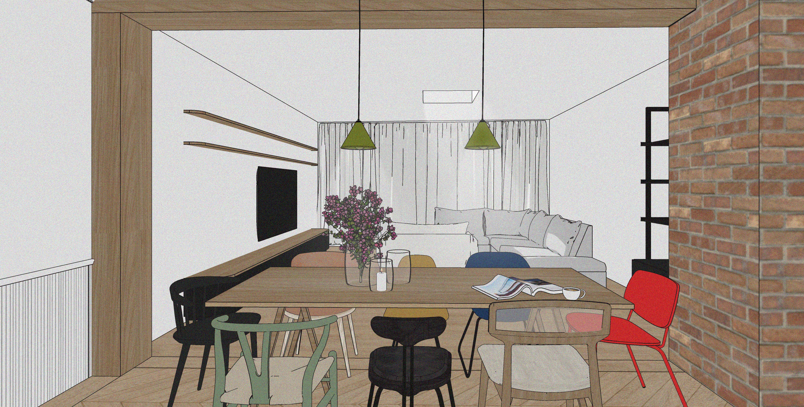 Salon avec mobilier coloré, cheminée de brique rouge et détails architecturaux de bois