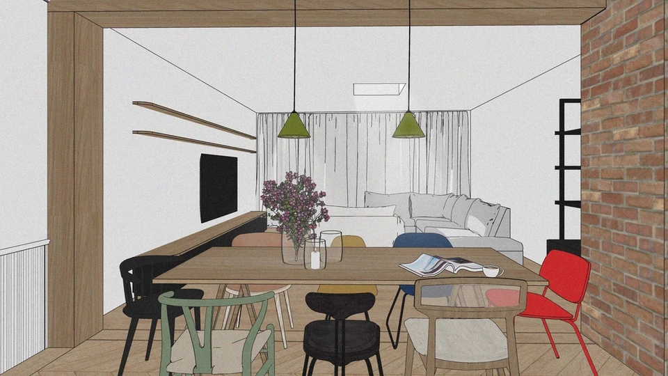 Salon avec mobilier coloré, cheminée de brique rouge et détails architecturaux de bois