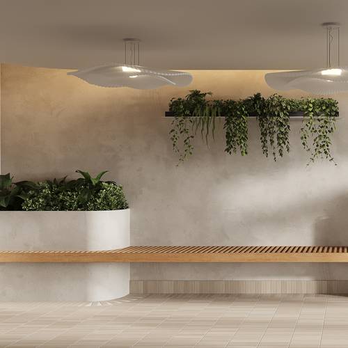 Cuisine moderne noir et grise avec touche de bois, banc en cuir, dosseret texturé noir, développement immobilier.