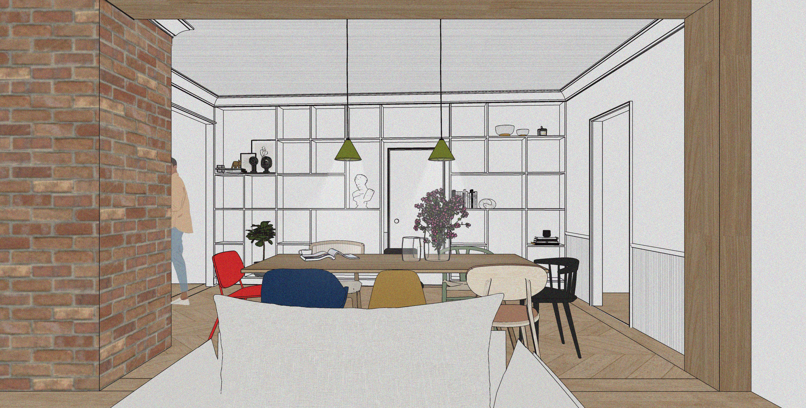  Salle à manger avec bibliothèque intégrée, mobilier coloré, cheminée de brique rouge et détails architecturaux de bois