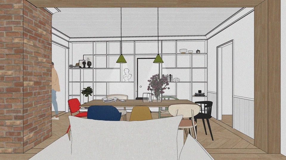 Salle à manger avec bibliothèque intégrée, mobilier coloré, cheminée de brique rouge et détails architecturaux de bois
