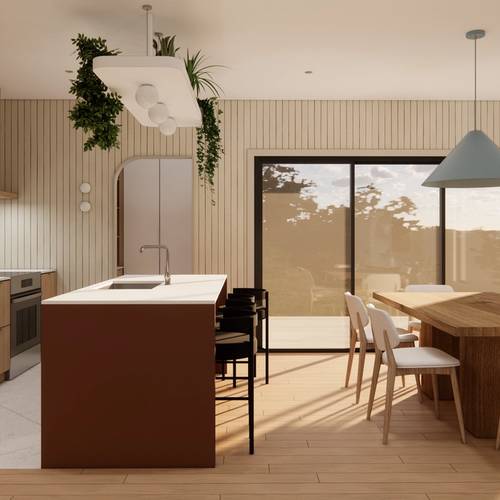 cuisine et salle à manger, ilôt rouge, armoires bois, mur de lambris, luminaire cône bleu, plantes vertes