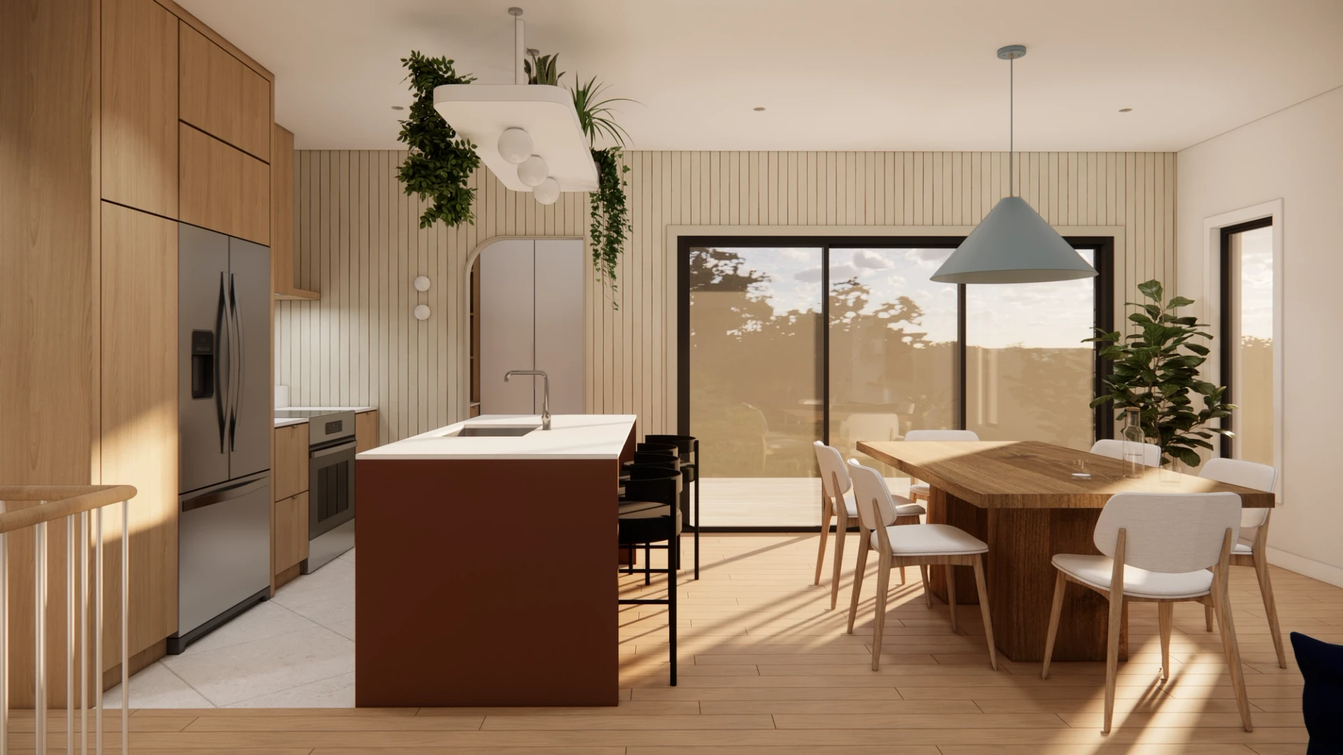 cuisine et salle à manger, ilôt rouge, armoires bois, mur de lambris, luminaire cône bleu, plantes vertes