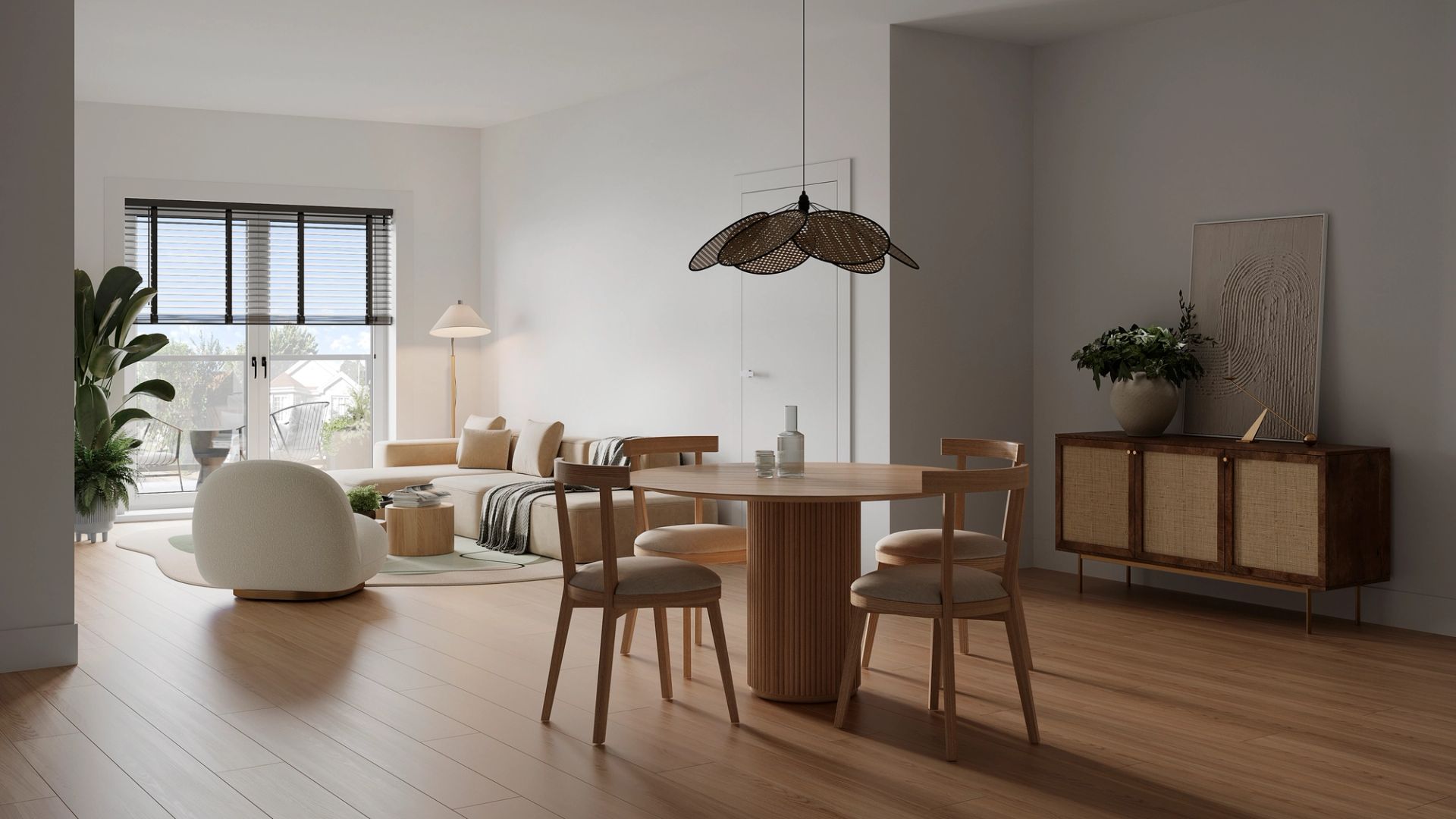 Salle à manger et salon avec meuble en bois et ambiance chaleureuse