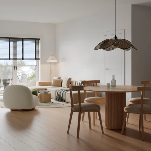 Salle à manger et salon avec meuble en bois et ambiance chaleureuse