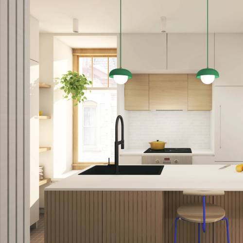 Cuisine moderne avec détail de bois et accent de couleur éclectique, armoires grises pâles