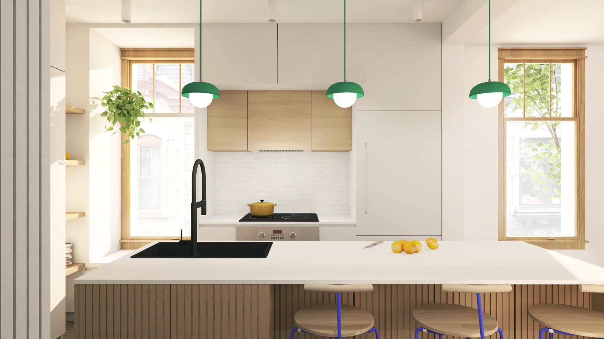 Cuisine moderne avec détail de bois et accent de couleur éclectique, armoires grises pâles